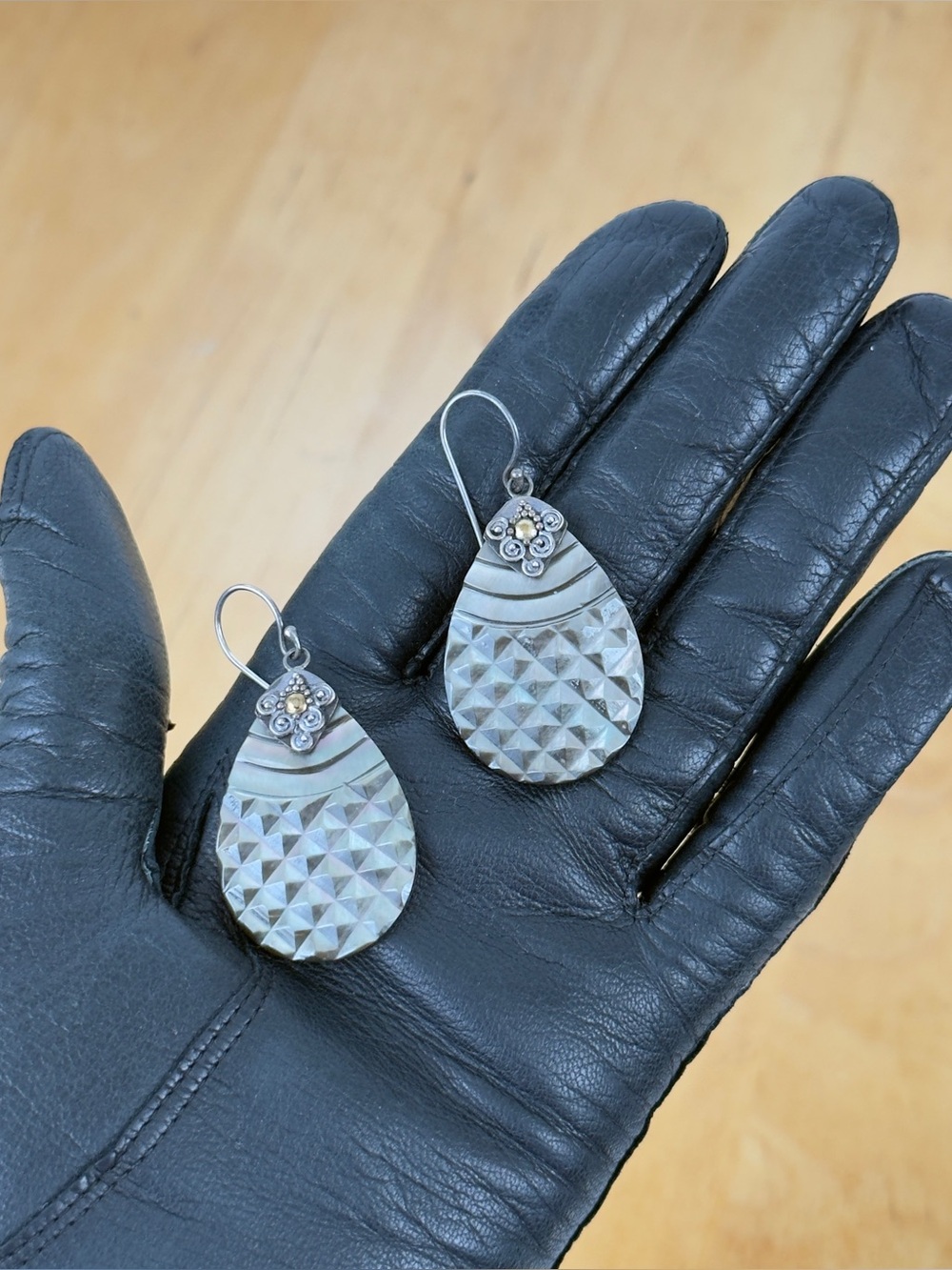 Robert Manse Sterling Silver & 18k Gold Indonesia Dangle Hook Abalone Earrings